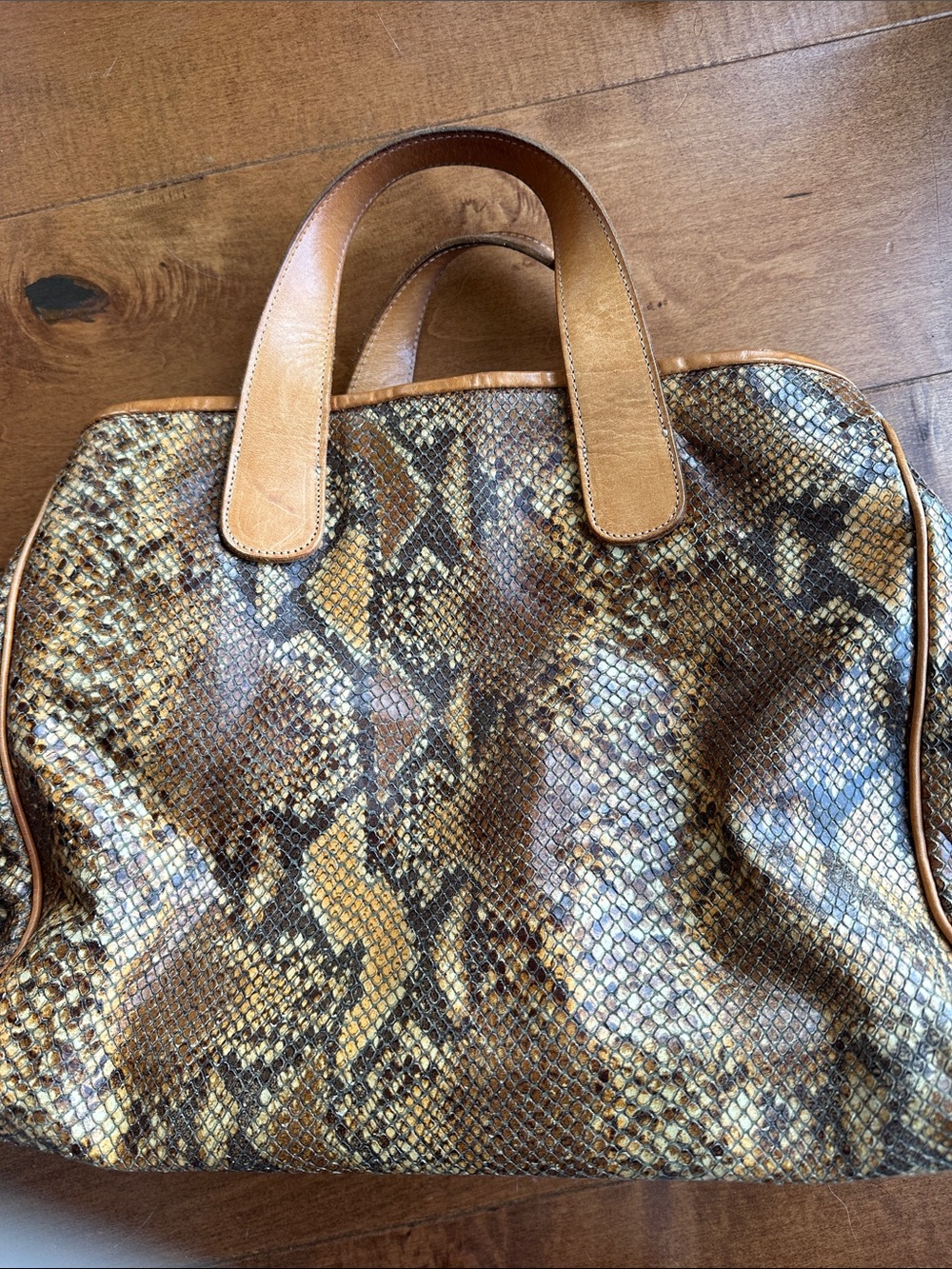 Brown Snake-Print Tote Bag with Leather Trim